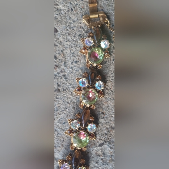 Florenza Watermelon Glass AB Rhinestones Link Signed Vintage 1960's Bracelet - Picture 8 of 16